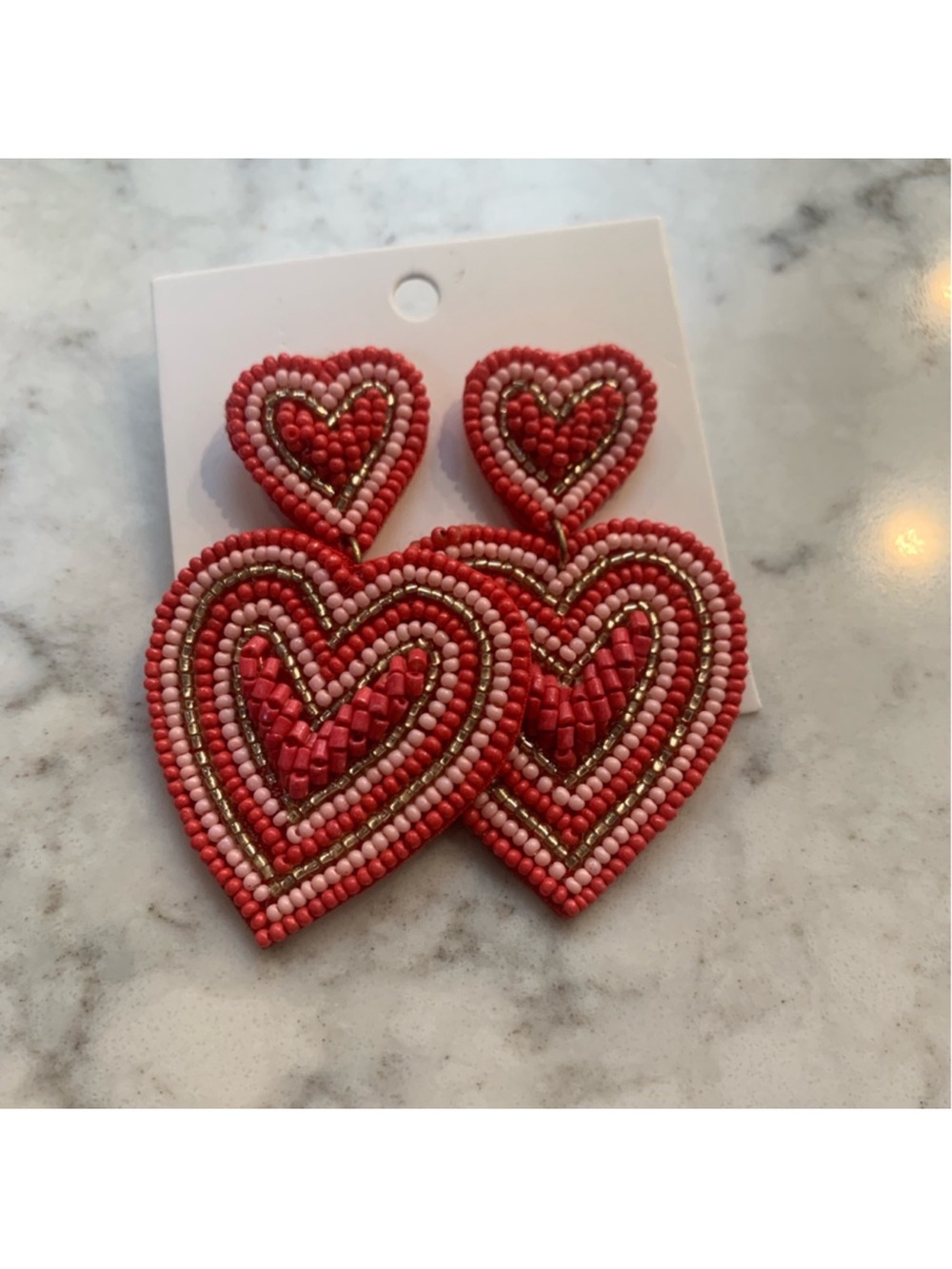 SHEIN Red & Pink Beaded Heart Drop Earrings